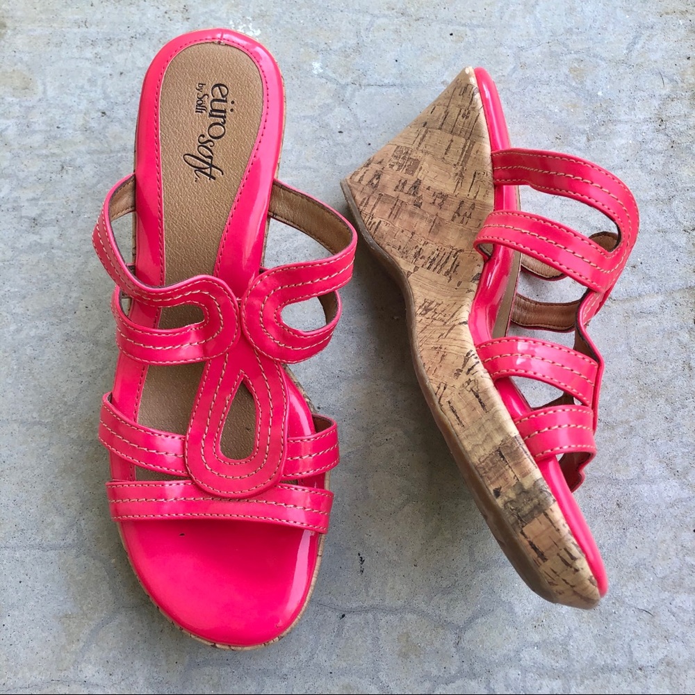 Sofft pink patent leather sandals cork wedges comfortable spring summer